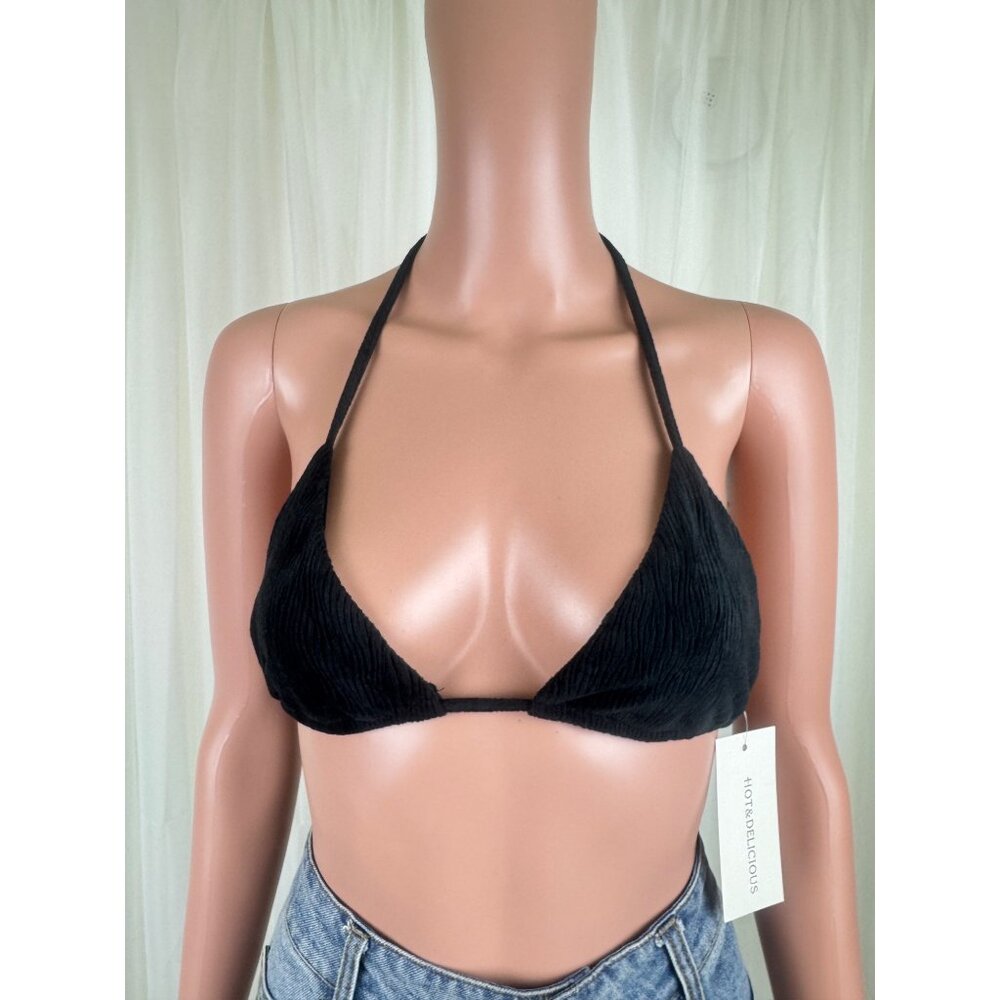 Women's Hot & Delicious Black Corduroy Triangle Bra Bikini Top Size Large Black